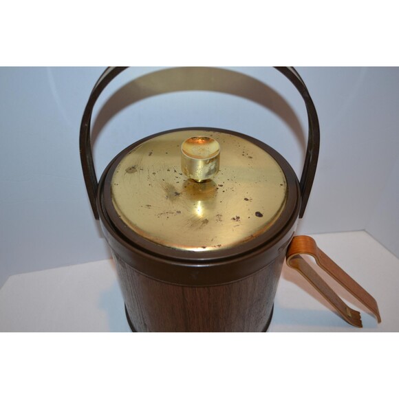 Vintage Ice Bucket Wood Look Vinyl with Gold Boho Eclectic Rustic MCM - Picture 6 of 6
